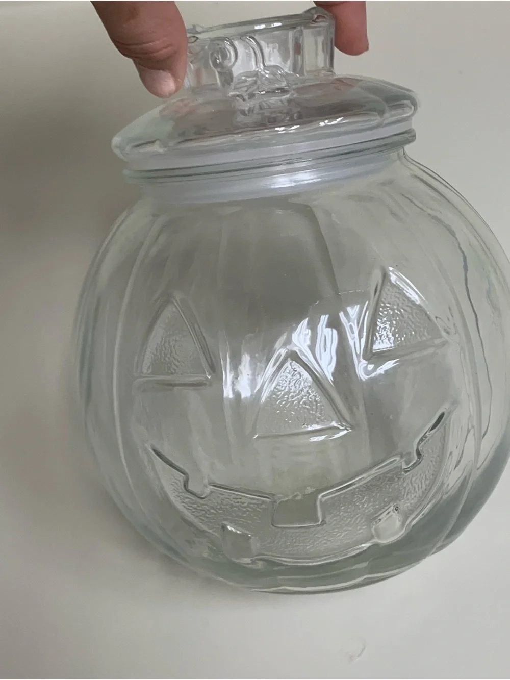 Vtg Clear Glass Jack O'Lantern Pumpkin Candy Jar w/ Lid 6.5
